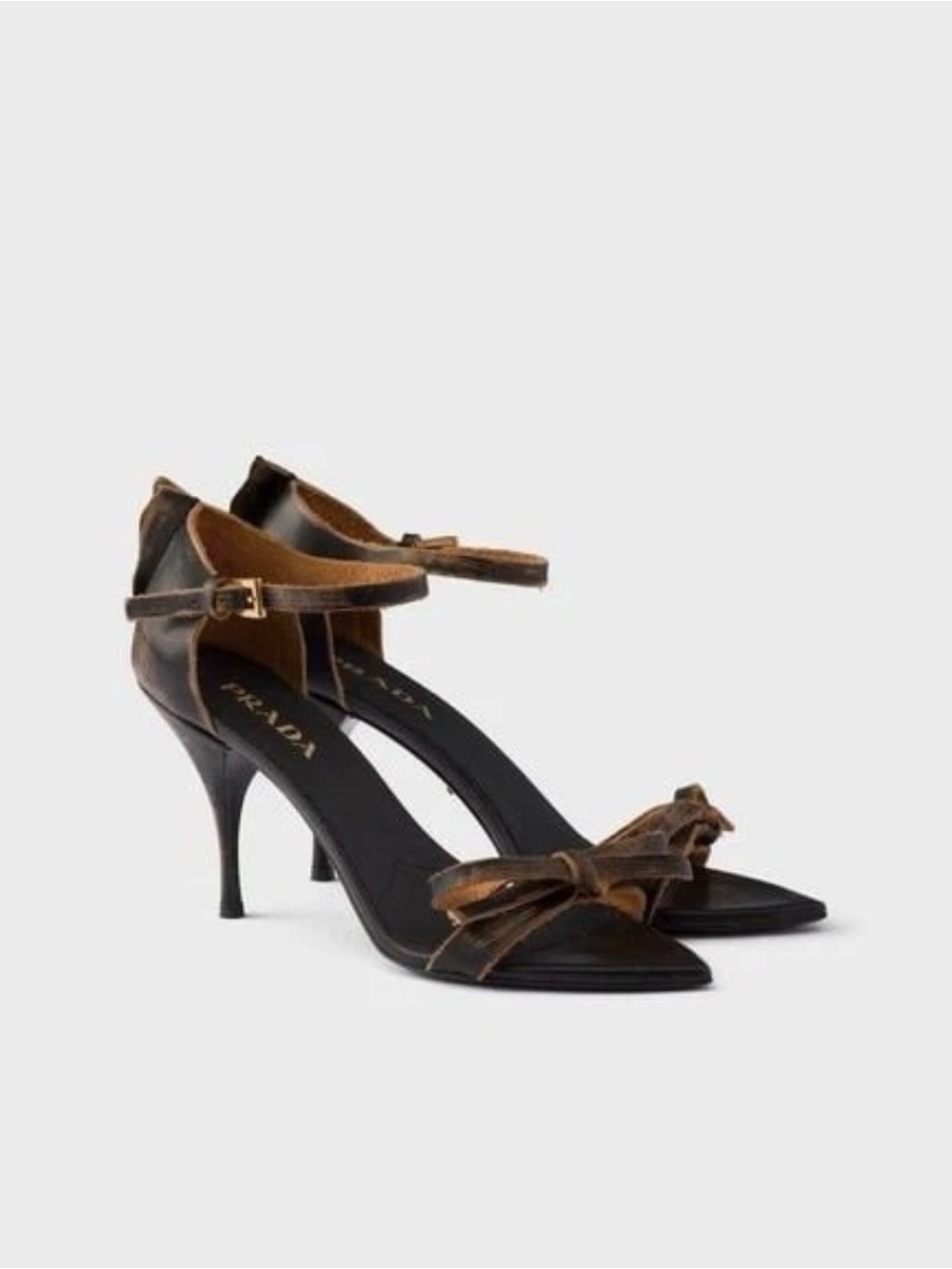PRADA ANTIQUED LEATHER EXPOSED SEAM ANKLE STRAP BLACK SANDALS